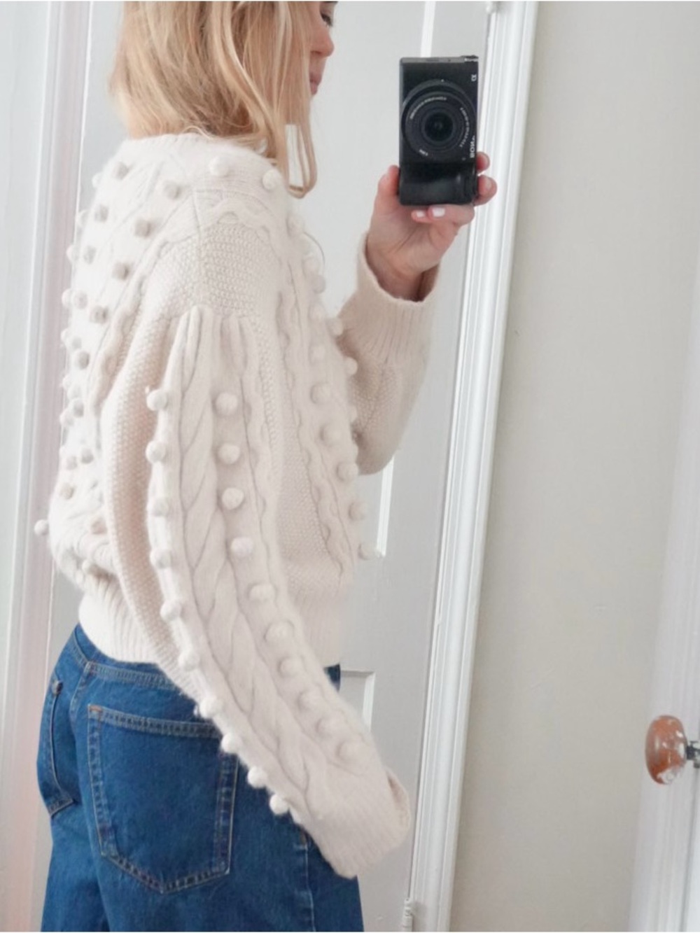 & Other Stories Cream Cable-Knit Pom-Pom Crew Sweater Size Medium - Picture 7 of 10